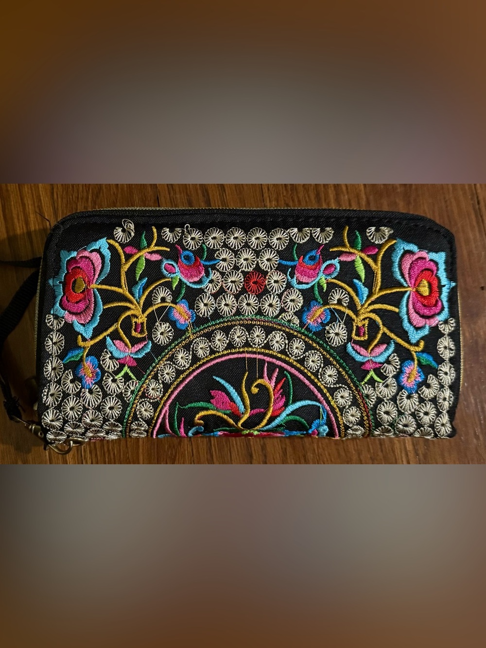 Embroidered Floral Zip Wallet Wristlet - Black w/multi-color accents NWOT
